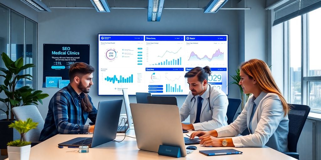 Profissionais de marketing digital em ambiente de escritório moderno.