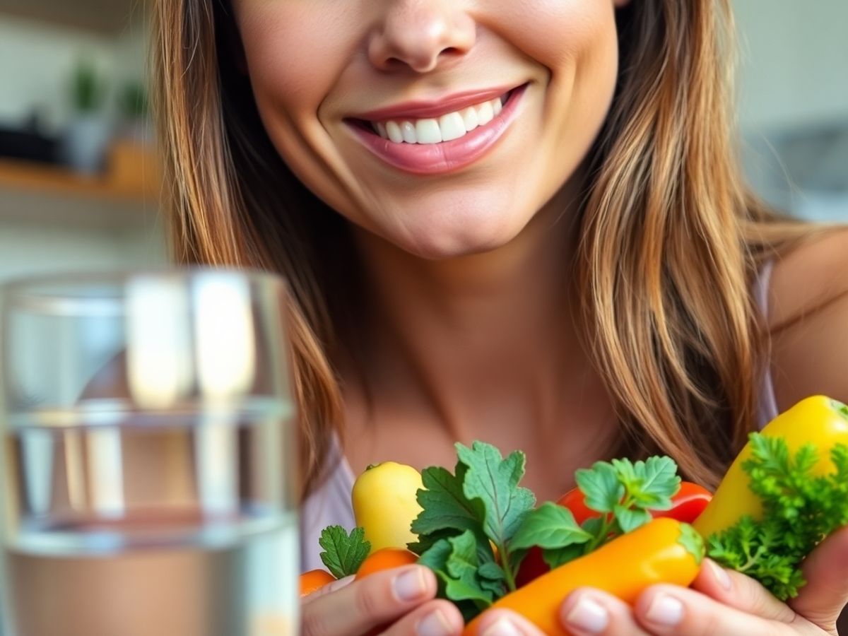 Femeie calmă, legume proaspete, sticla cu apă