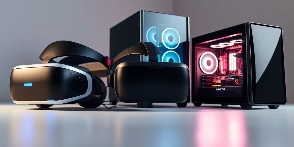 Three VR headsets with gaming PCs