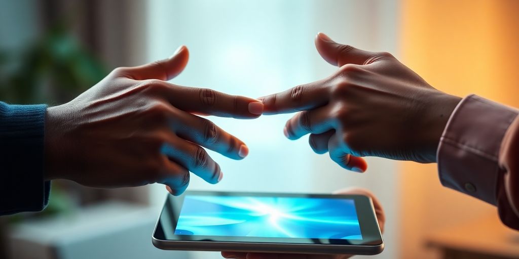 Two hands shaking over a digital tablet.