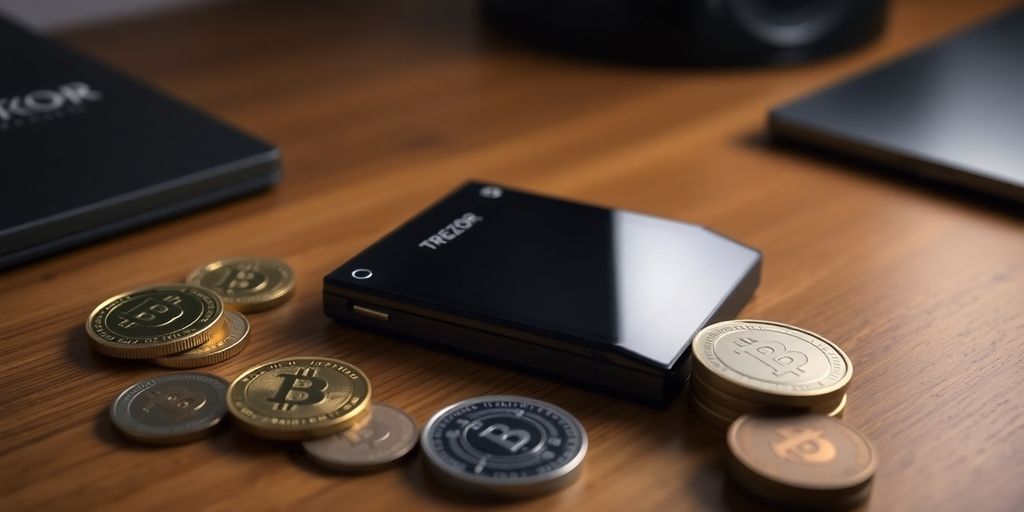 Trezor Model T hardware wallet on a desk with coins.