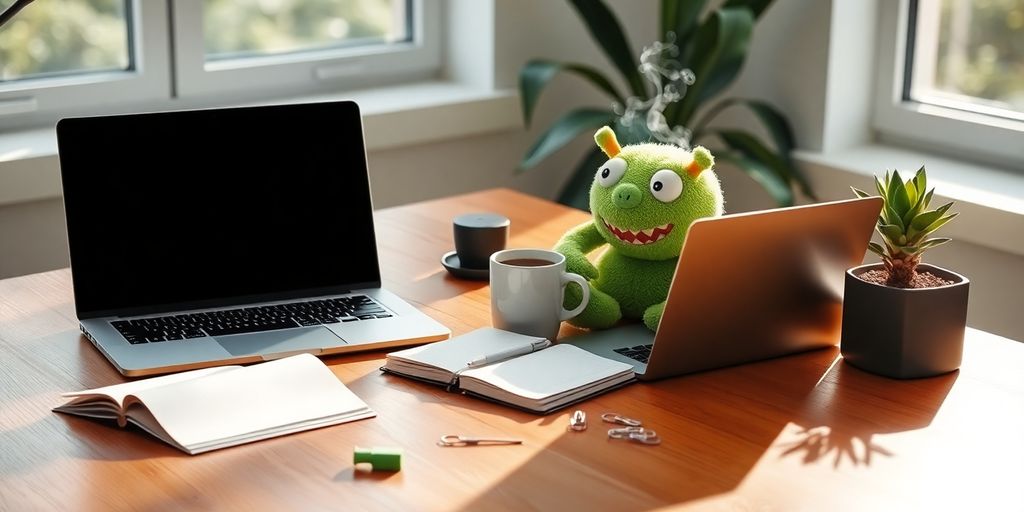 Green plush monster toy beside laptop on tidy wooden desk.
