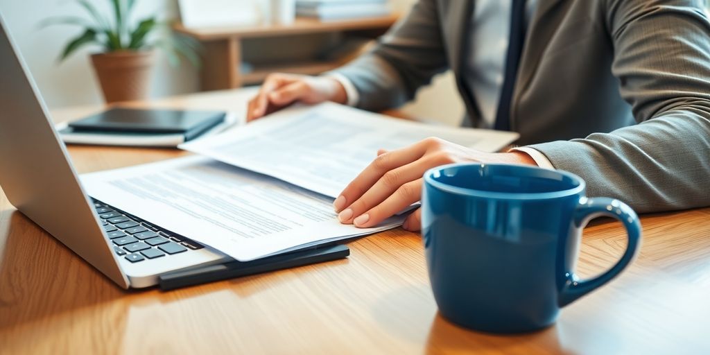 Business owner reviewing insurance documents in an office.