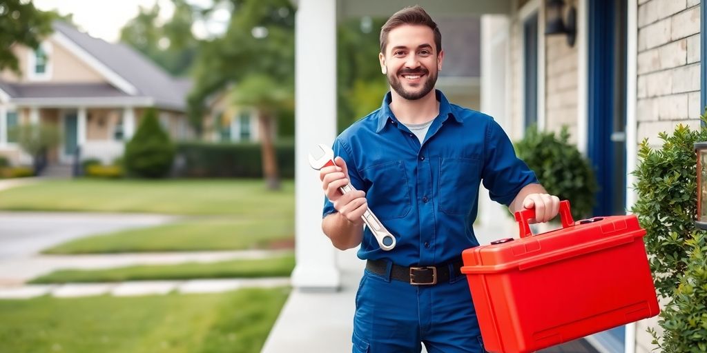 Smiling plumber with wrench and toolbox at suburban house entrance