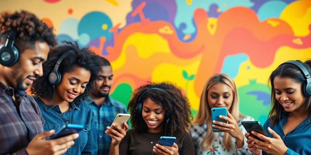 Personas escuchando pódcasts en dispositivos variados.