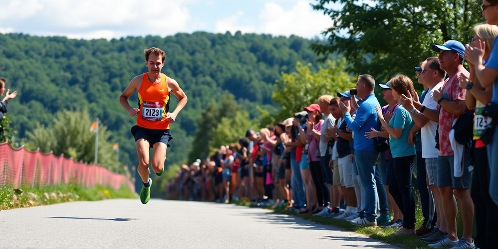 Runner competing in a marathon with cheering spectators.