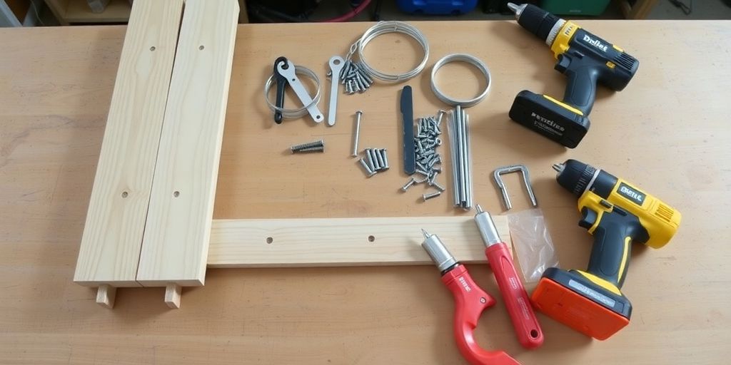 Tools and materials for a DIY bicycle wall rack.
