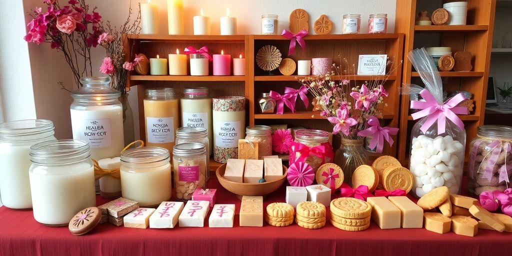 Velas, sabonetes e artesanato em biscuit colorido.