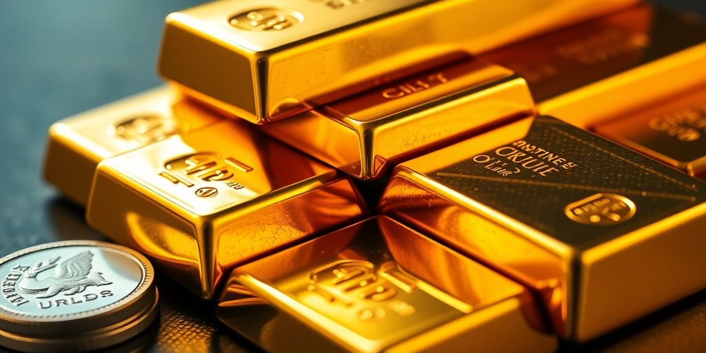 Lingots d'or empilés, pièces d'argent brillantes