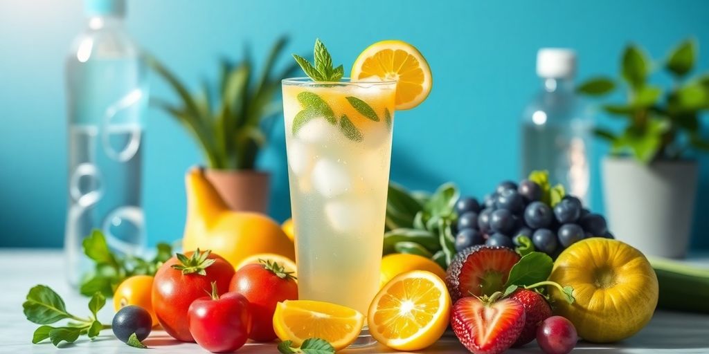 Electrolyte drink with fruits in a sunny setting.