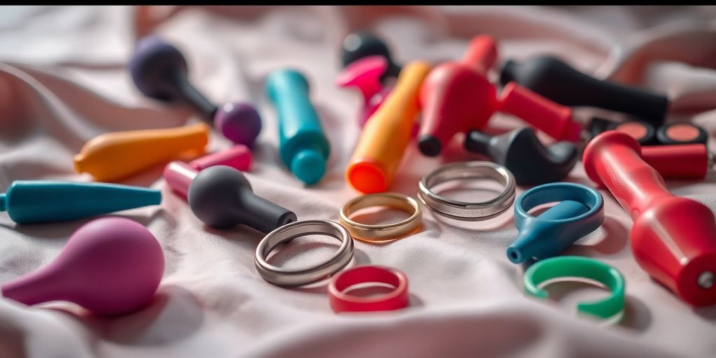 Assorted adult toys arranged artfully on silky fabric.