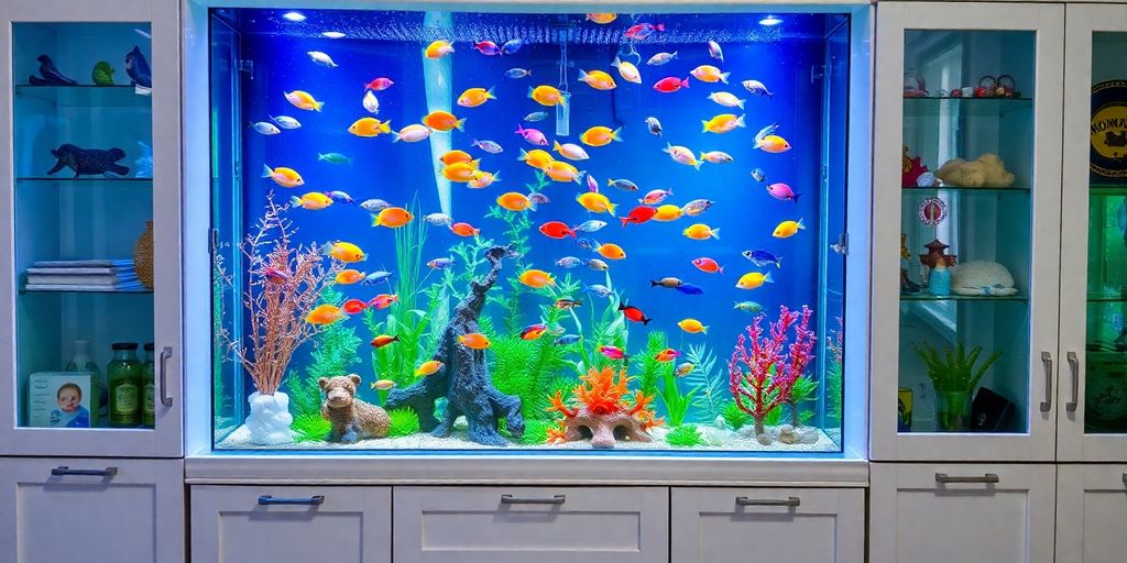 Acuario colorido con peces y gabinetes elegantes.