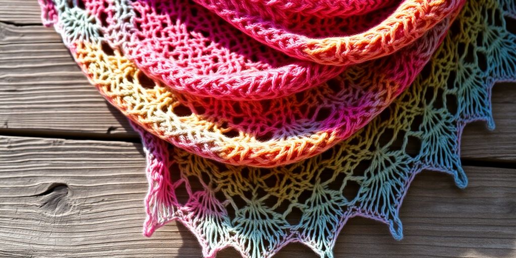 Soft, colorful yarn shawl draped on wooden surface.