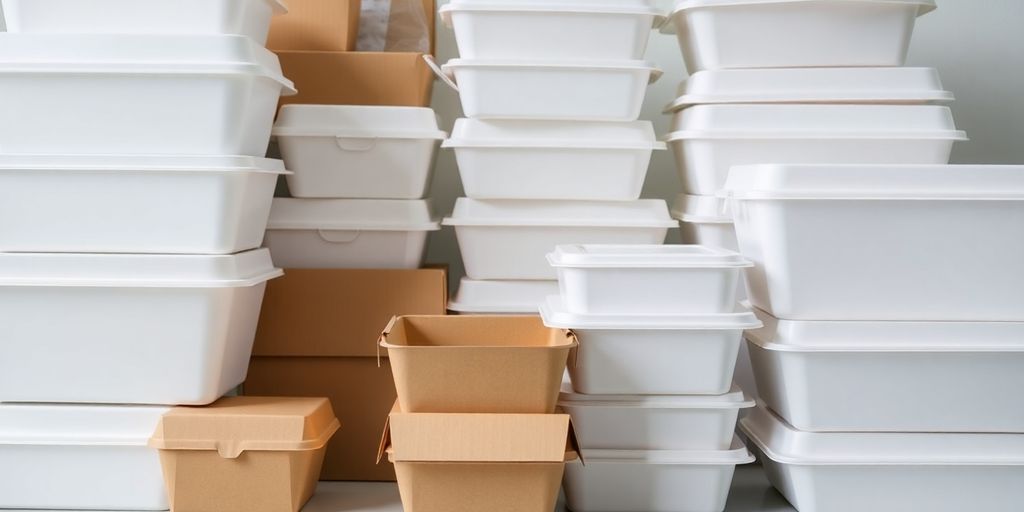 Boxes and containers ready for food.