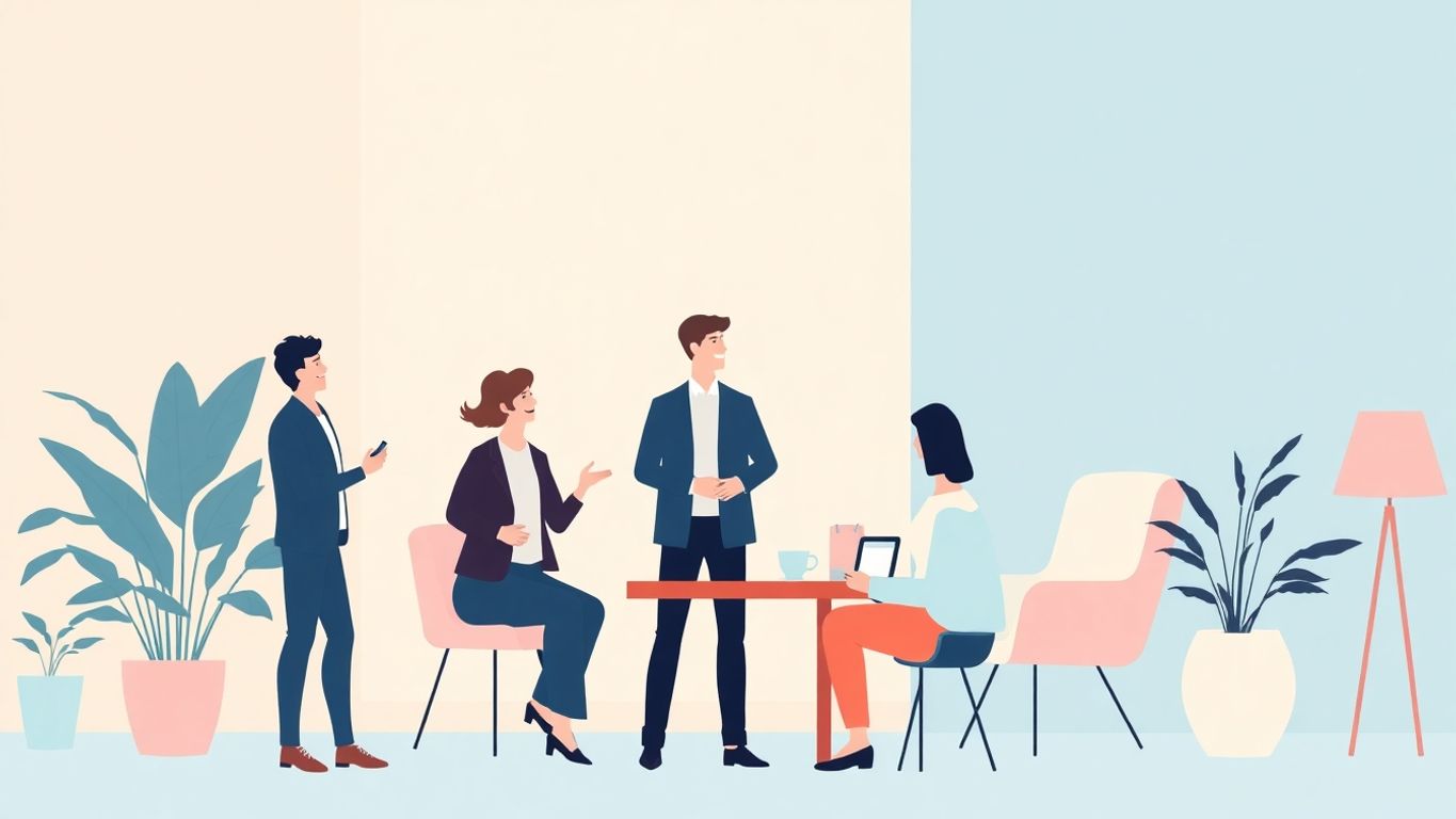 Illustrasjon av gründere i en profesjonell setting.
