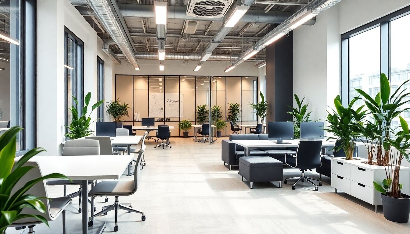 Modern office with sleek furniture and vibrant plants.