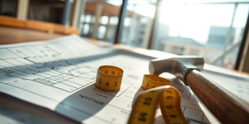 Architectural drawings and construction tools on a blueprint.