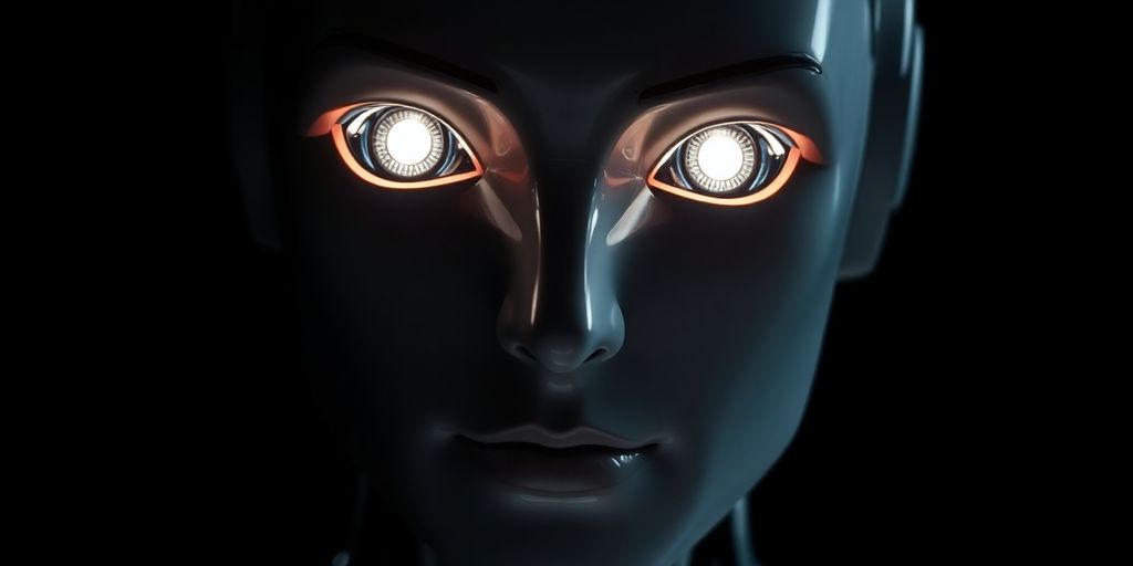 Humanoid robot face with contemplative expression and illuminated eyes.