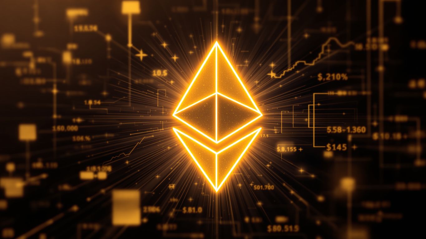 Ethereum logo with abstract financial network background.