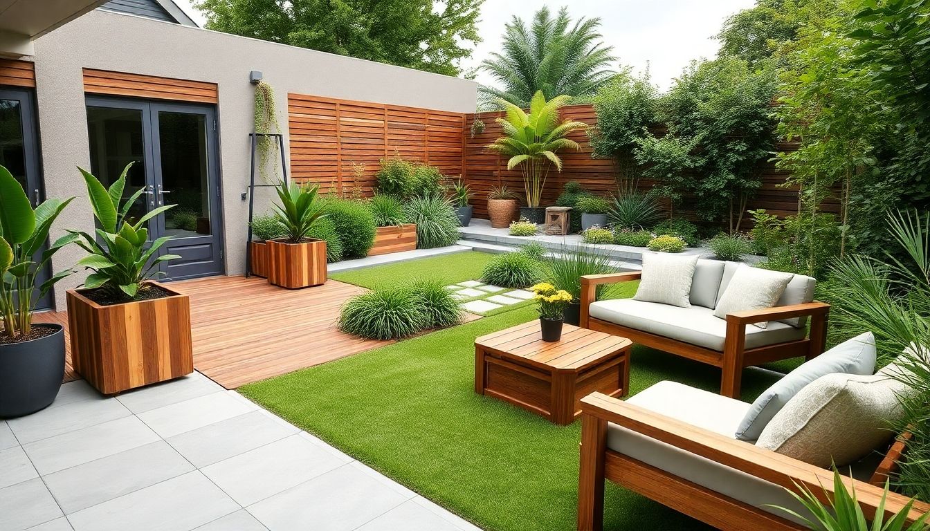 Modern garden design with wooden furniture and greenery.