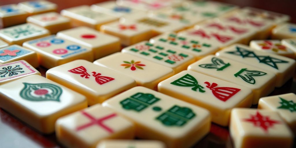 Close-up of colorful Mahjong tiles on a wooden table.
