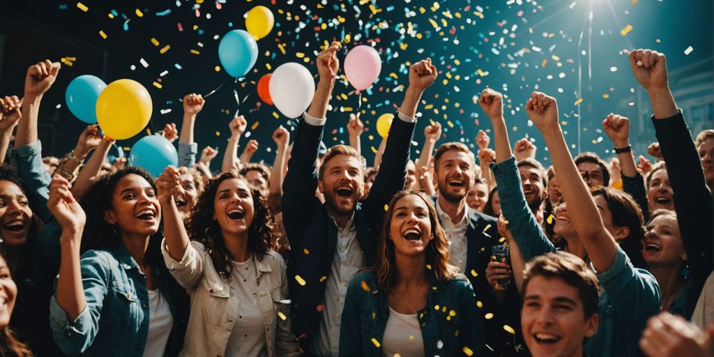 Group of people celebrating with balloons and confetti.