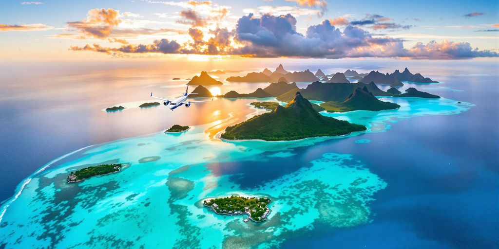 Luftaufnahme von Bora Bora mit einem Flugzeug darüber.