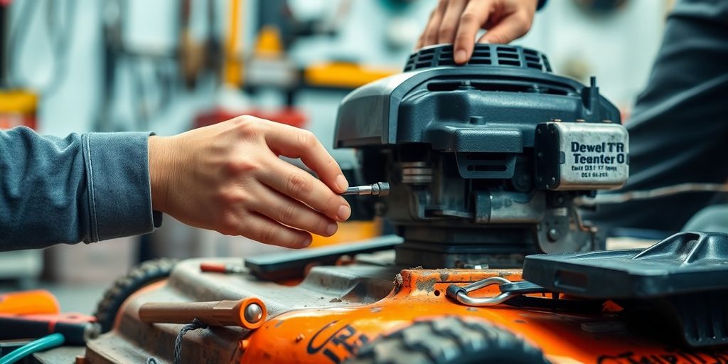 Mechanic repairing a lawn mower in a workshop setting.