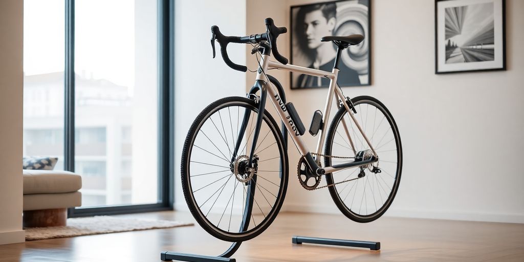 Indoor bike rack stand with bicycle in modern home.