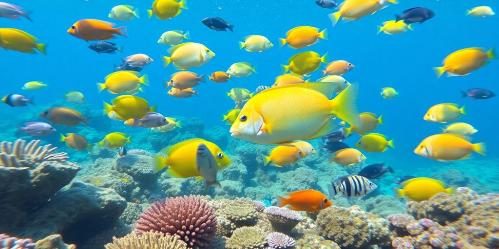 Makukulay na isda na lumalangoy sa isang coral reef.