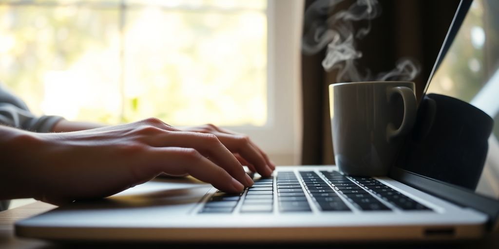 Laptop, coffee, and person working remotely.