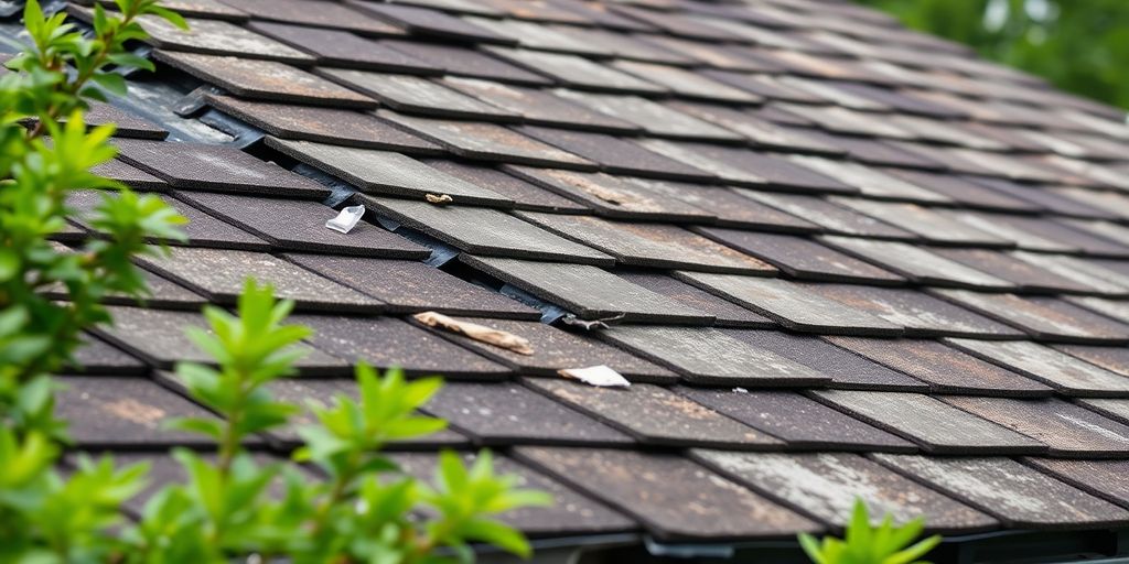 Close-up of a weathered roof with missing shingles.