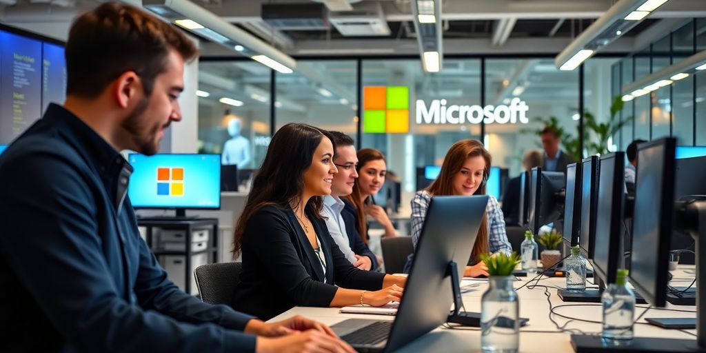 Microsoft employees collaborating in a modern office setting.