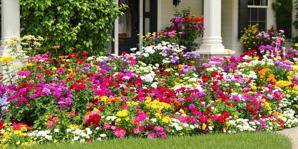 Colorful flower beds enhance a home's entrance beautifully.