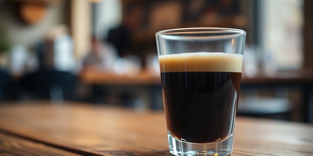 Cortado coffee in a glass on a wooden table.