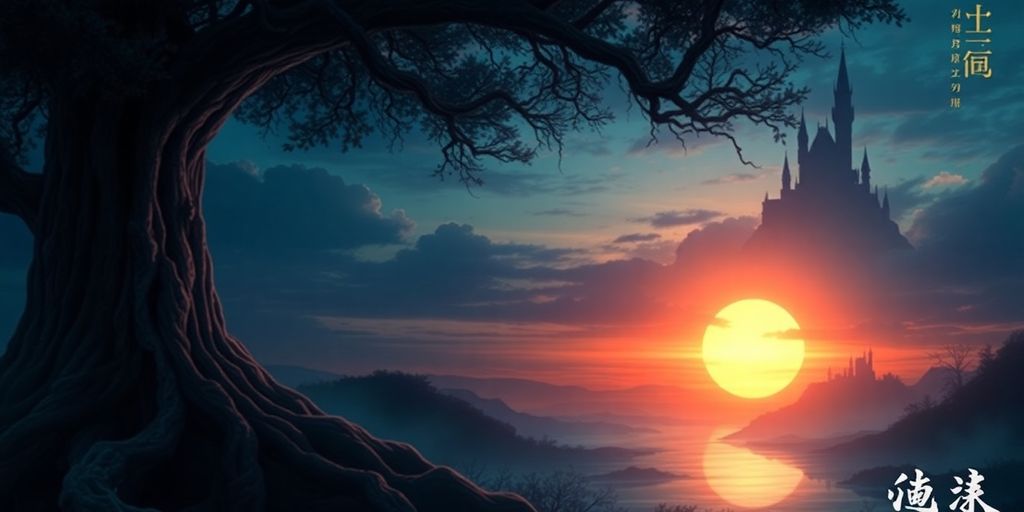 صورة ل منظر طبيعي غامض مع شجرة وقلعة