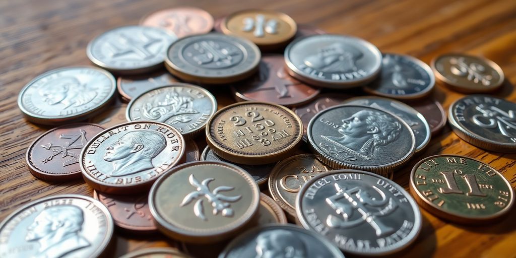 Close-up of assorted collectible coins on a table.