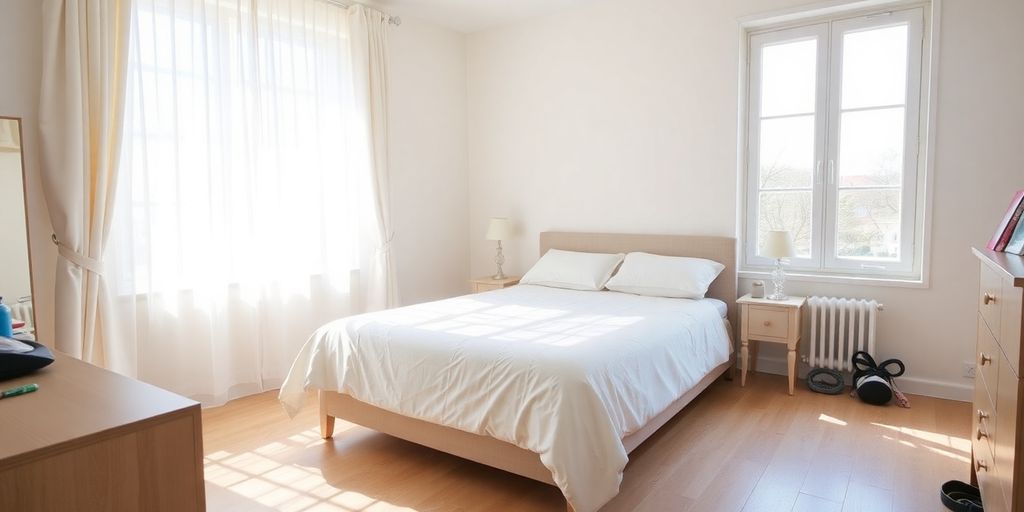 Sparkling clean bedroom with neatly made bed and organized surfaces.