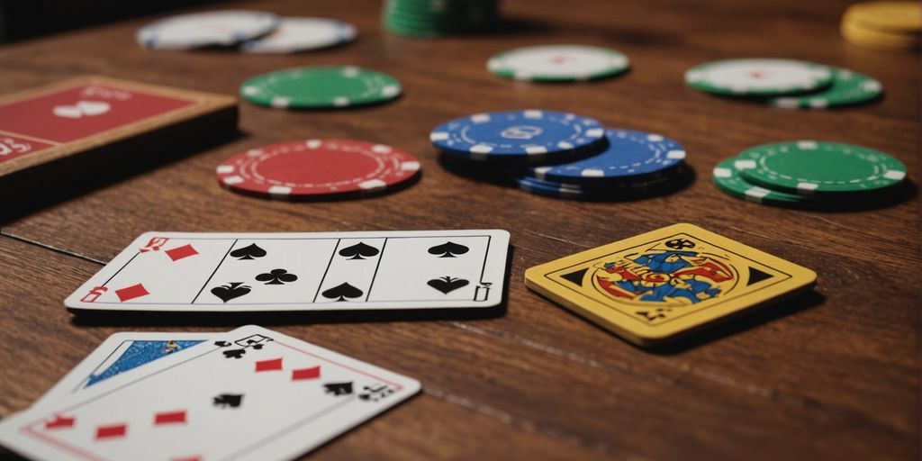 Poker Mahjong tiles, cards, and chips on table.