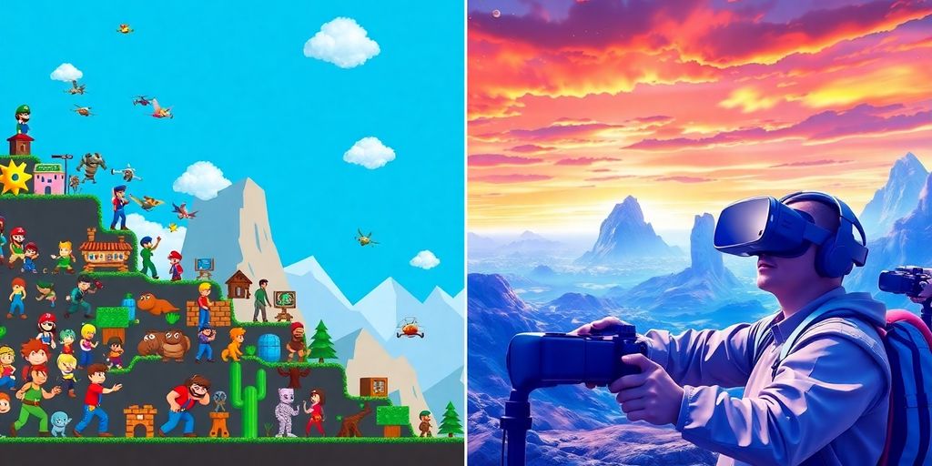 Collage of pixel art to 3D gaming environments.