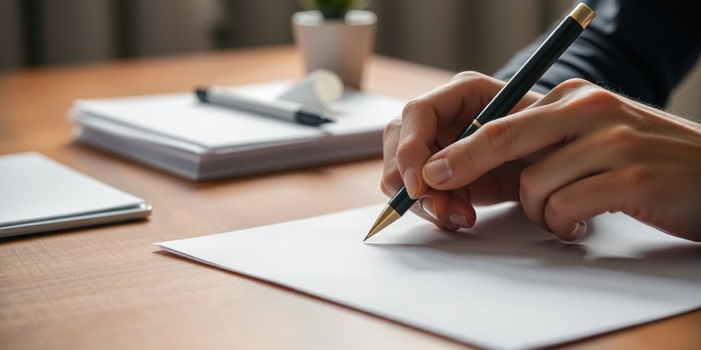 Person writing a letter at a desk.