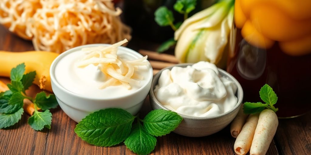 Probiotiske matvarer som yoghurt og surkål.