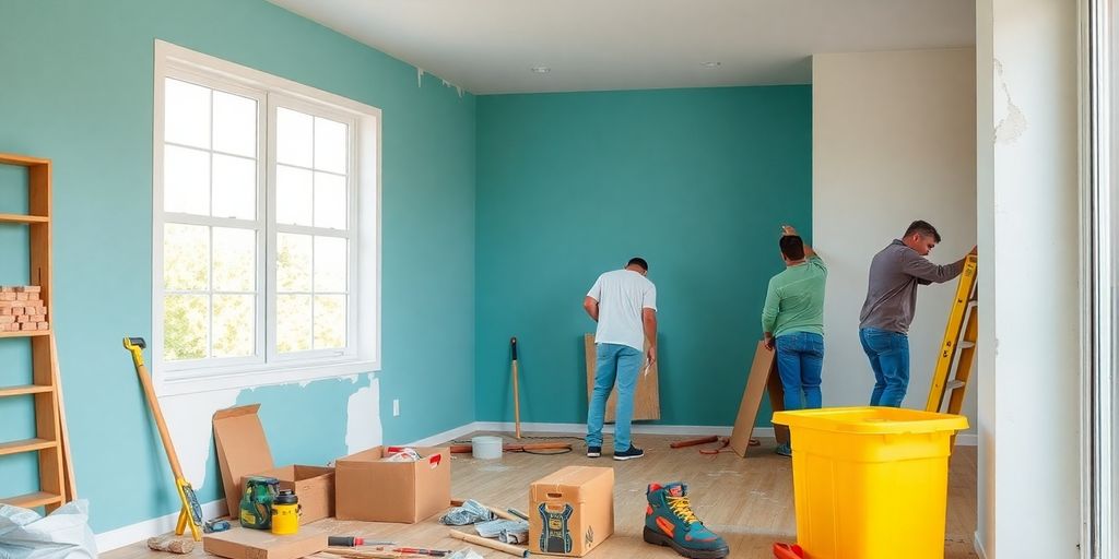 Foto van een huisrenovatie met bouwmateriaal en werkers.