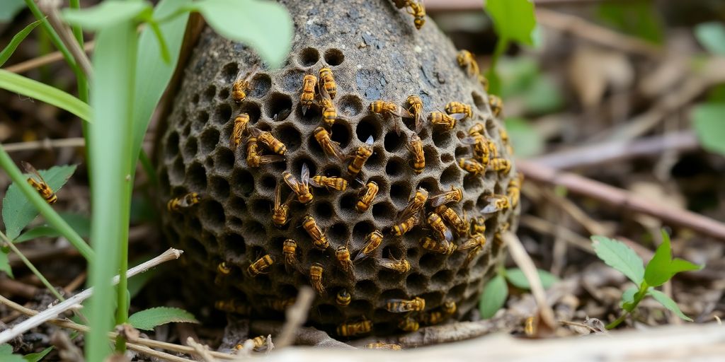 Cuib de viespi pe fundal natural.