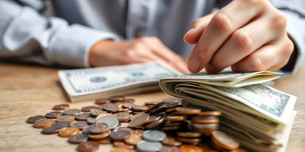 Person reviewing finances with coins and bills.