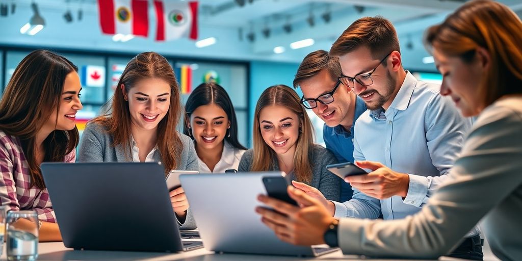 Diverse professionals collaborating in a modern office setting.