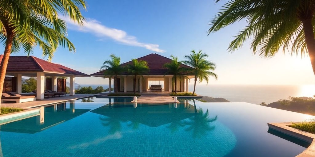 Luxury villa, Phuket, infinity pool, palm trees, sea view.