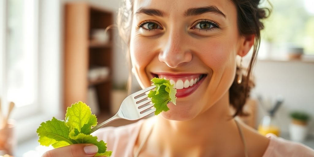 سيدة مبتسمة تأكل سلطة خضراء طازجة