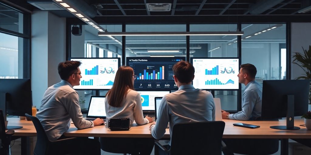 Profissionais de marketing digital em ambiente moderno.