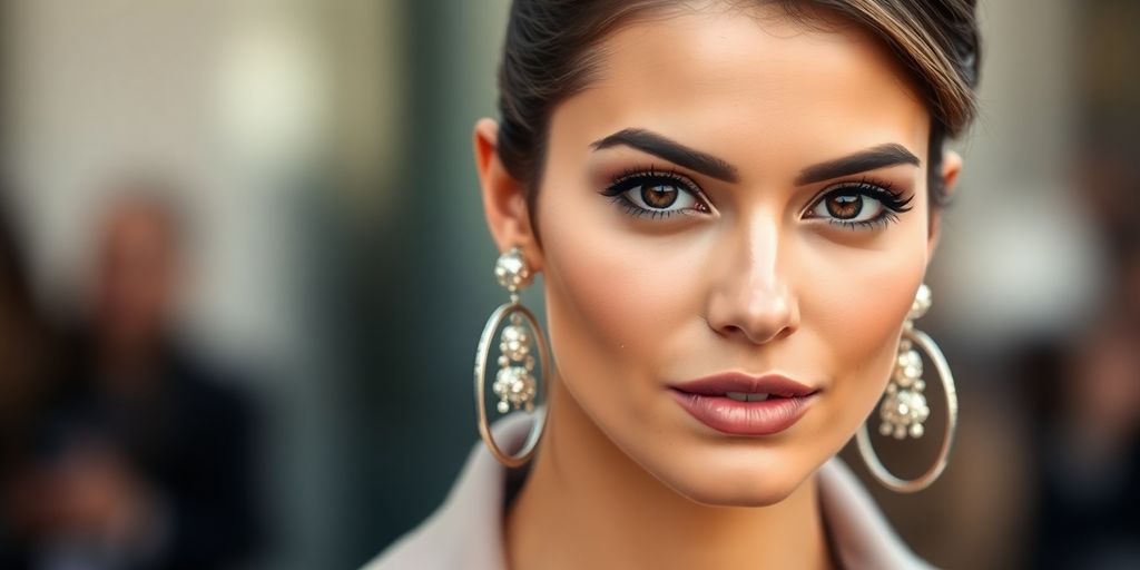 Bianca Censori portrait with elegant hairstyle and outfit.